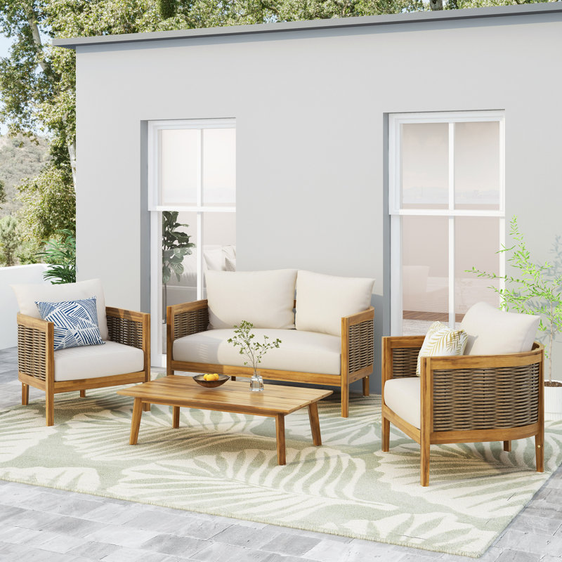 Boling 4 Piece Rattan Sofa Seating Group with Cushions Rosecliff Heights Cushion Color Polyester Beige